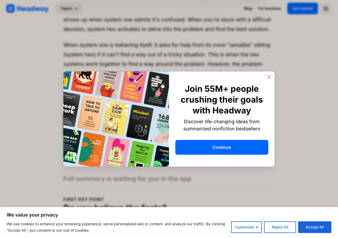 Headway's public summary page, with the sign-up pop-up over the text.
