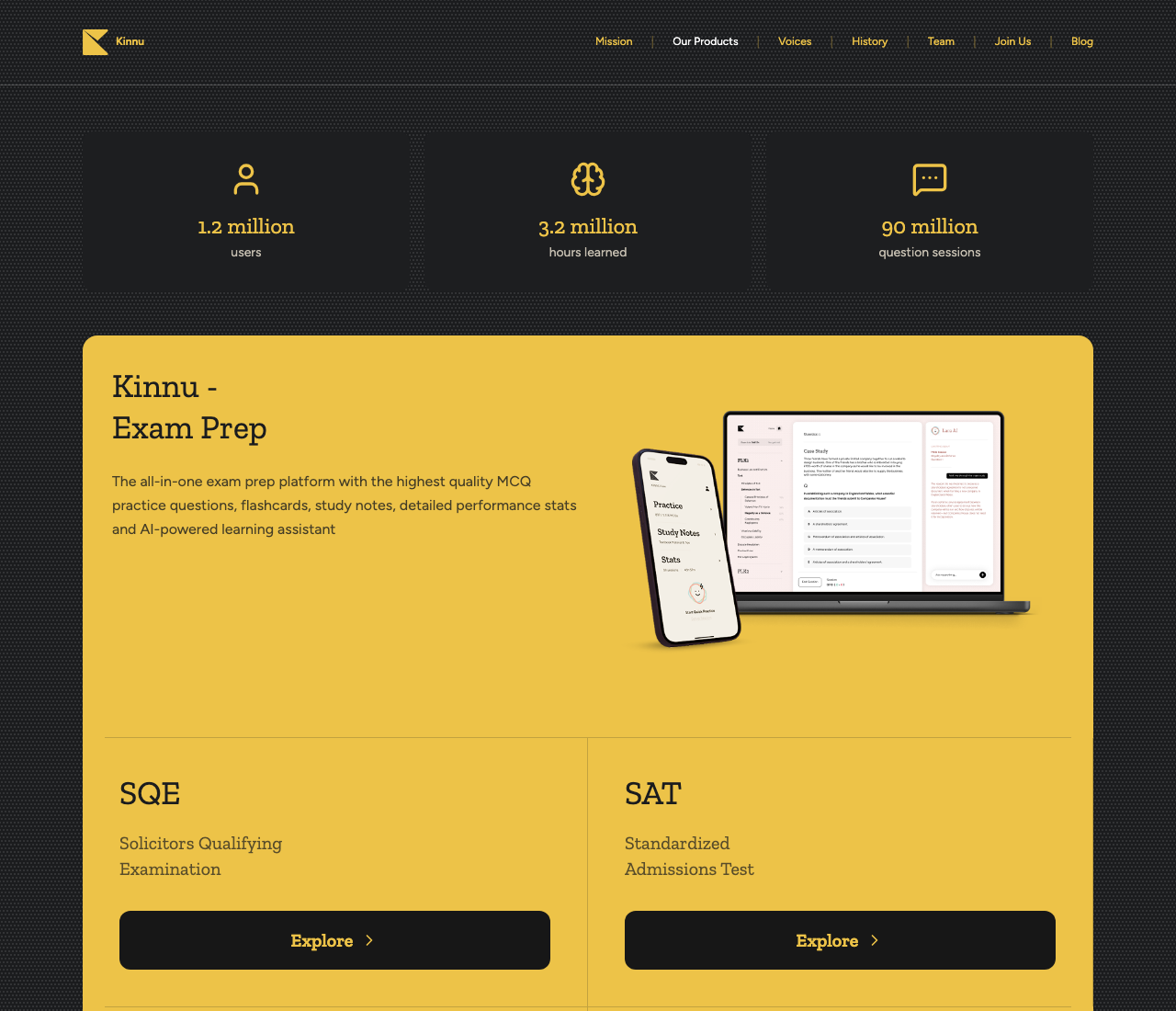 Kinnu's homepage in September 2026, with the Exam Prep card first.