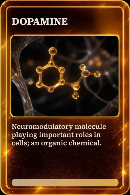 A gold edgi card for dopamine, with a glowing molecule and a one-line definition.