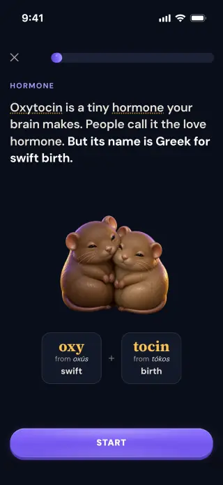 An edgi Lesson on oxytocin on iPhone: the word split into oxy, Greek for swift, and tocin, for birth, under two cuddling mice and a Start button.