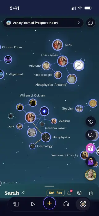 An edgi Map on iPhone: ideas like Aristotle, Occam's Razor, Metaphysics and Cosmology as linked circles on a starry background.